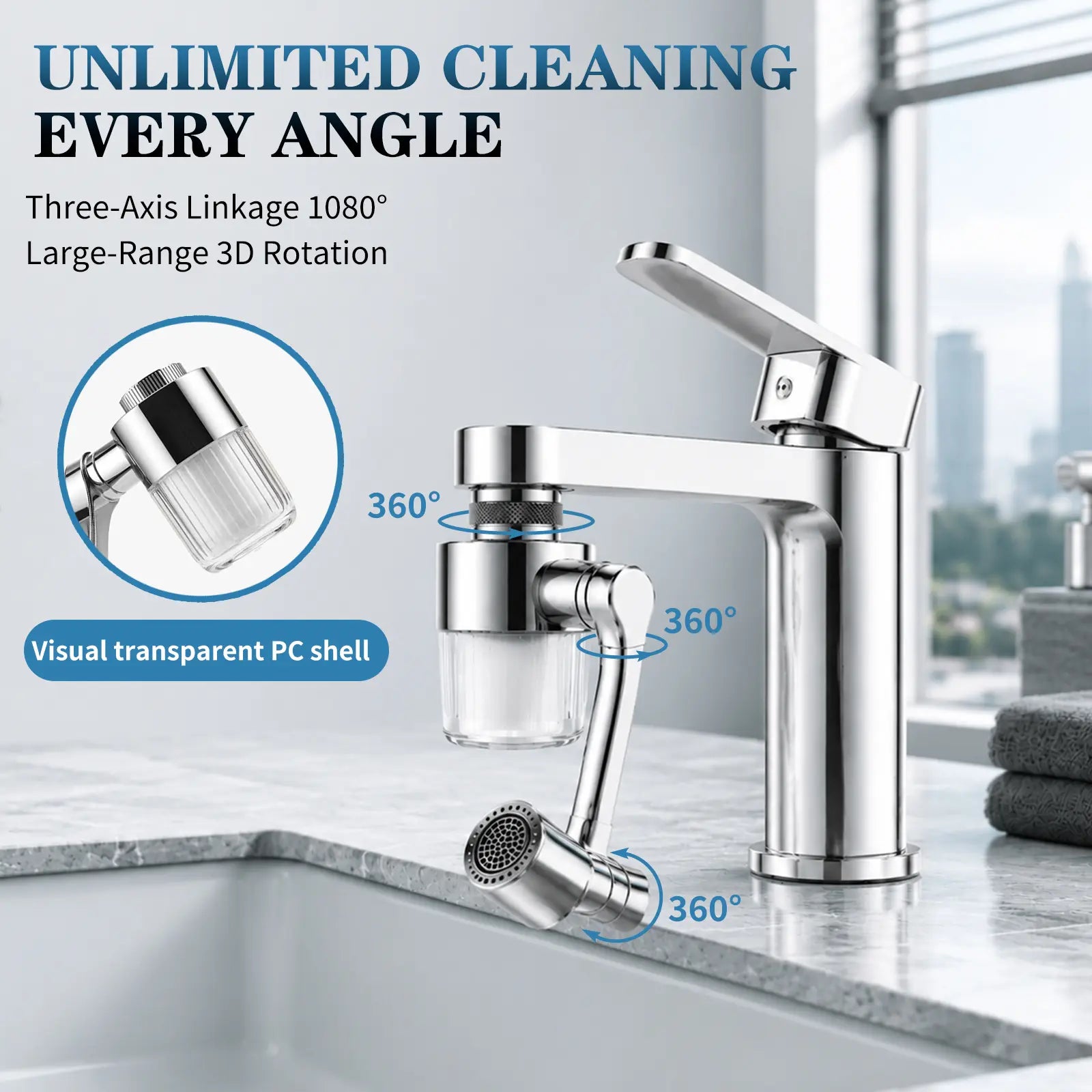 SOPAMI 3D Swivel Faucet Aerator Filter Set - 360-Degree Rotatable, Anti-Splash Soft Flow, Clear Visible Shell, 3 Replacement Cartridges, Universal Adapter for Kitchen, Bathroom Sinks