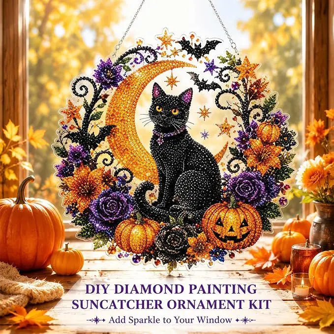 Halloween Diamond Painting Suncatcher Ornament Kit – Pumpkin & Black Cat DIY Gem Art for Window Decor