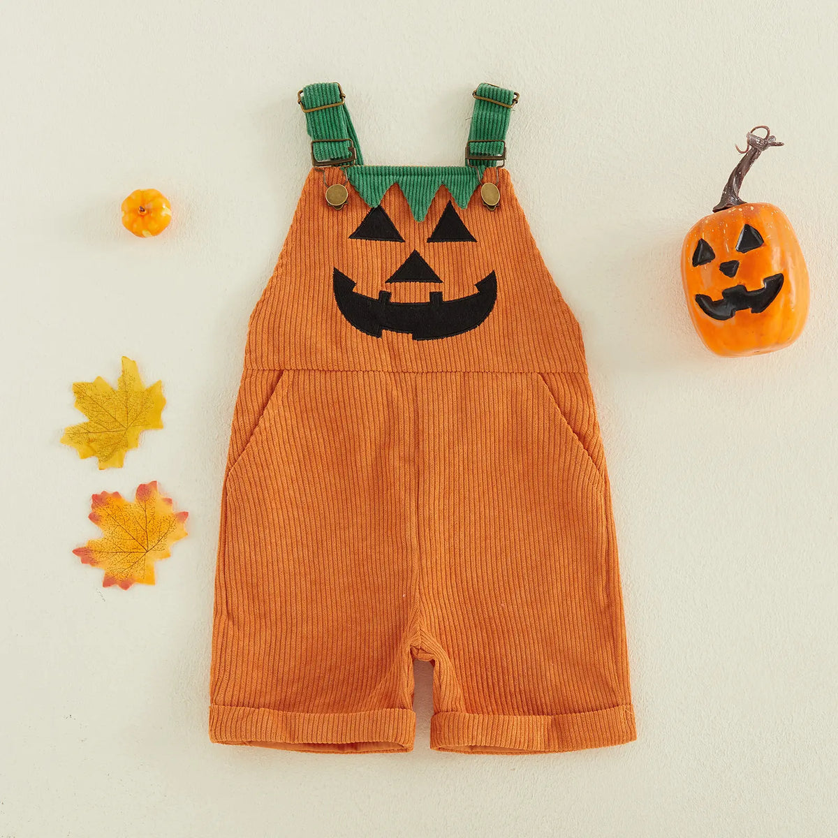 Toddler Baby Boy Halloween Devil Face Ribbed Overalls – Sleeveless Pocket Jumpsuit