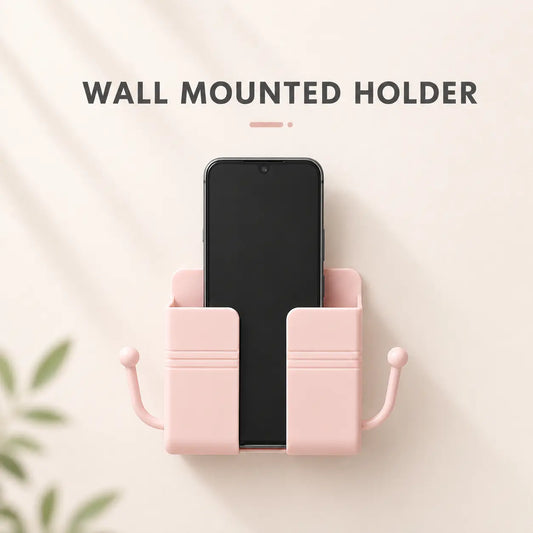 Pink-Self-Adhesive Wall-Mounted Phone Holder & Remote Control Organizer — No-Drill, Multifunctional Wall Storage Rack. Ideal for Bedrooms, Bathrooms, and Kitchens; Holds Mobile Phones (including while charging), TV/AC Remotes, Glasses, and Keys.
