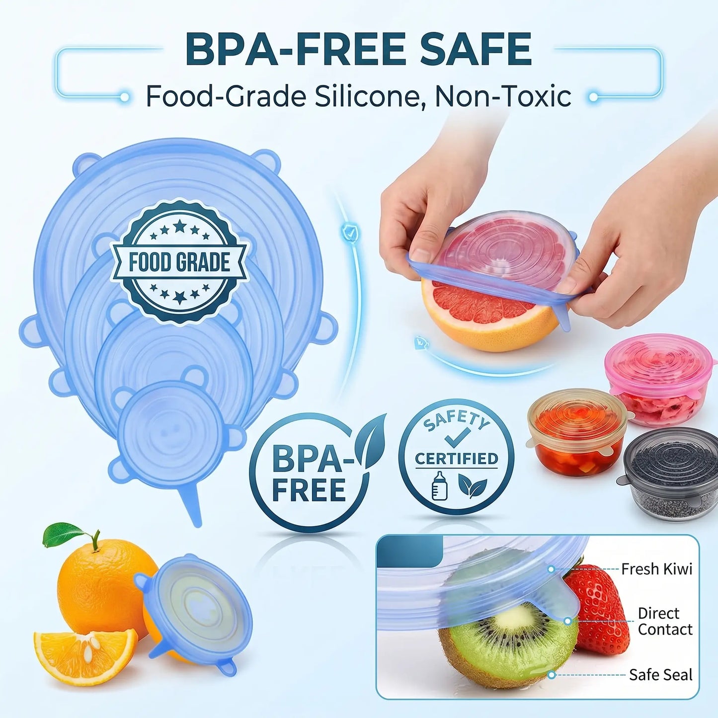 6-Pack Universal Reusable Silicone Lids – Self-Sealing Food Covers for Various Container Sizes
