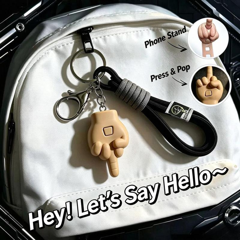 3-Piece Retractable Middle Finger Prank Pendant Set with Press Keychain & Phone Holder