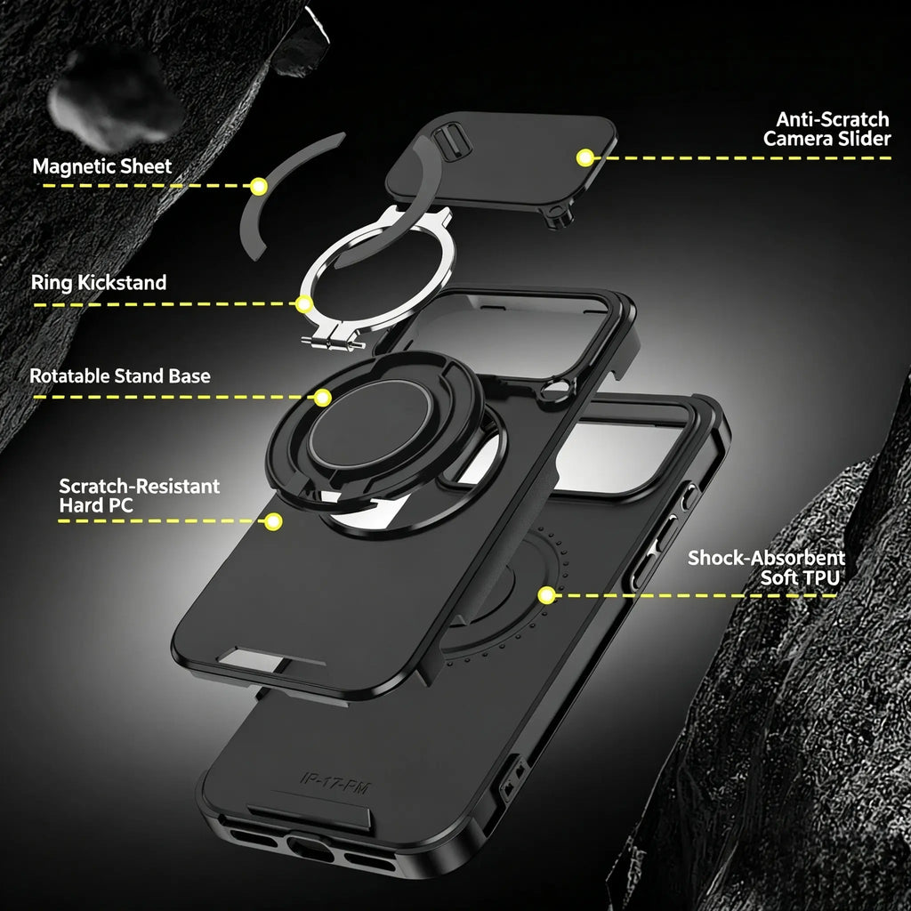 Military-Grade Magnetic Protective Case with Sliding Camera Cover & 360° Rotatable Ring Stand for iPhone 17 Pro Max