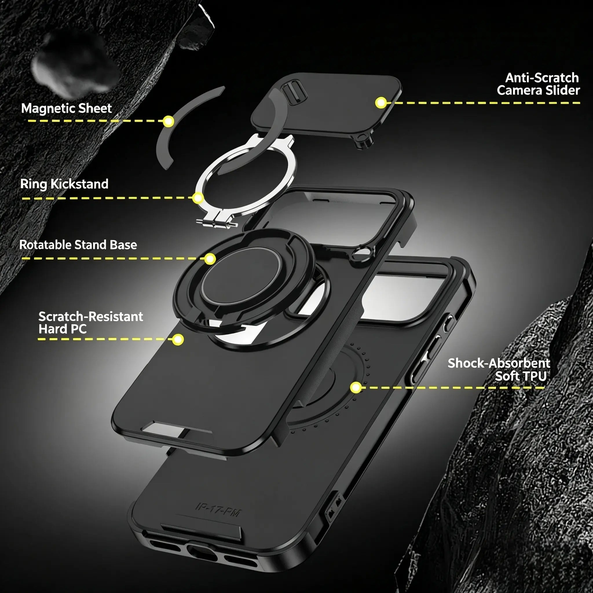 Military-Grade Magnetic Protective Case with Sliding Camera Cover & 360° Rotatable Ring Stand for iPhone 17 Pro Max