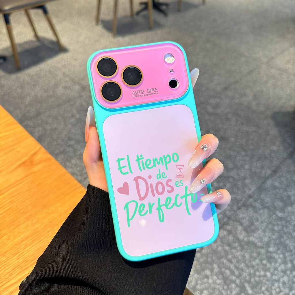"God's Timing Is Perfect" Spanish Faith Quote Phone Case for iPhone 17 Pro Max – Color Block TPU-PC Camera Cover
