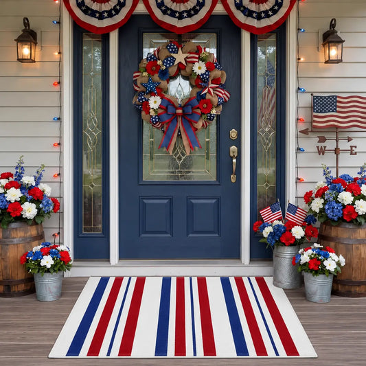 1Pc National Day Entry Rug, Entrance Mat, Stylish Floor Rug, Red White Blue Striped Pattern, Summer Patio Ornament, Rustic Outdoor Porch Doormat, Festive House Accent