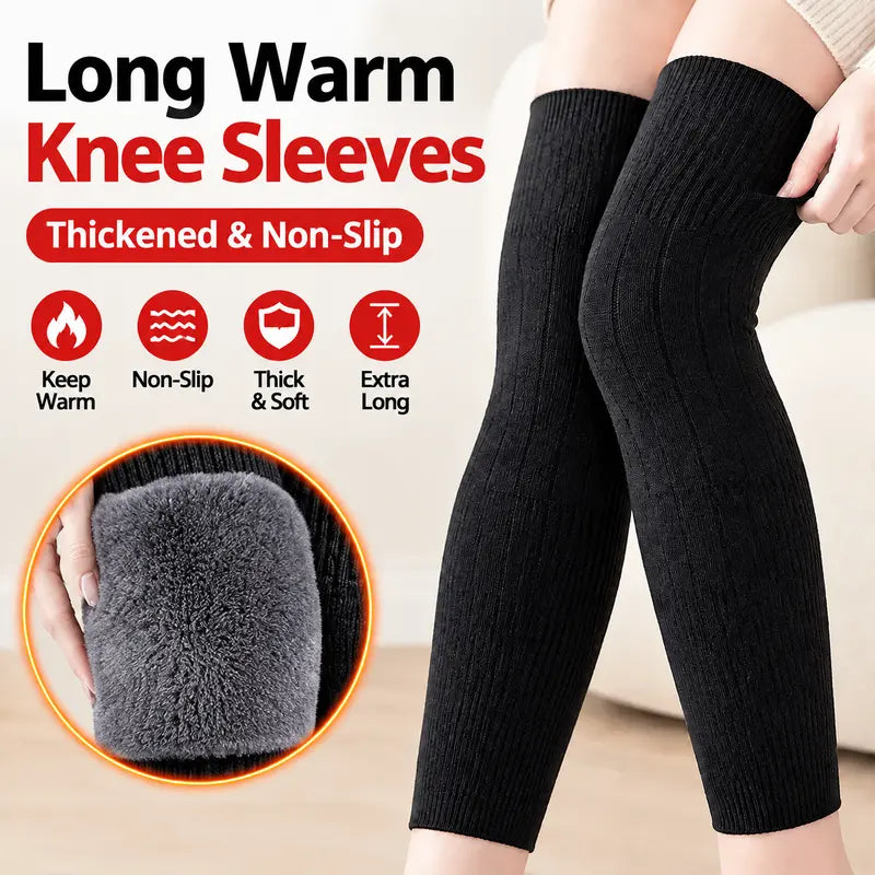 Thick Wool-Lined Thermal Long Knee Compression Sleeves – Non-Slip Winter Joint Support