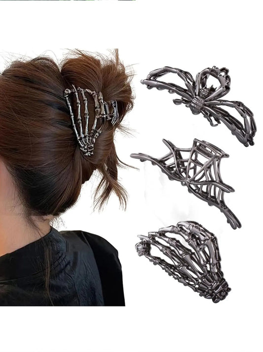 Halloween Hair Claw Clips Set, 3 Pcs Spooky Spider & Skeleton Design Hair Accessories
