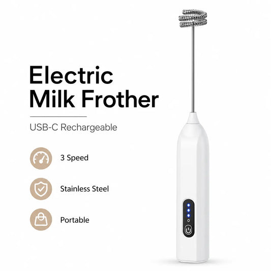Electric Handheld Milk Frother – USB-C Rechargeable Stainless Steel Foam Maker