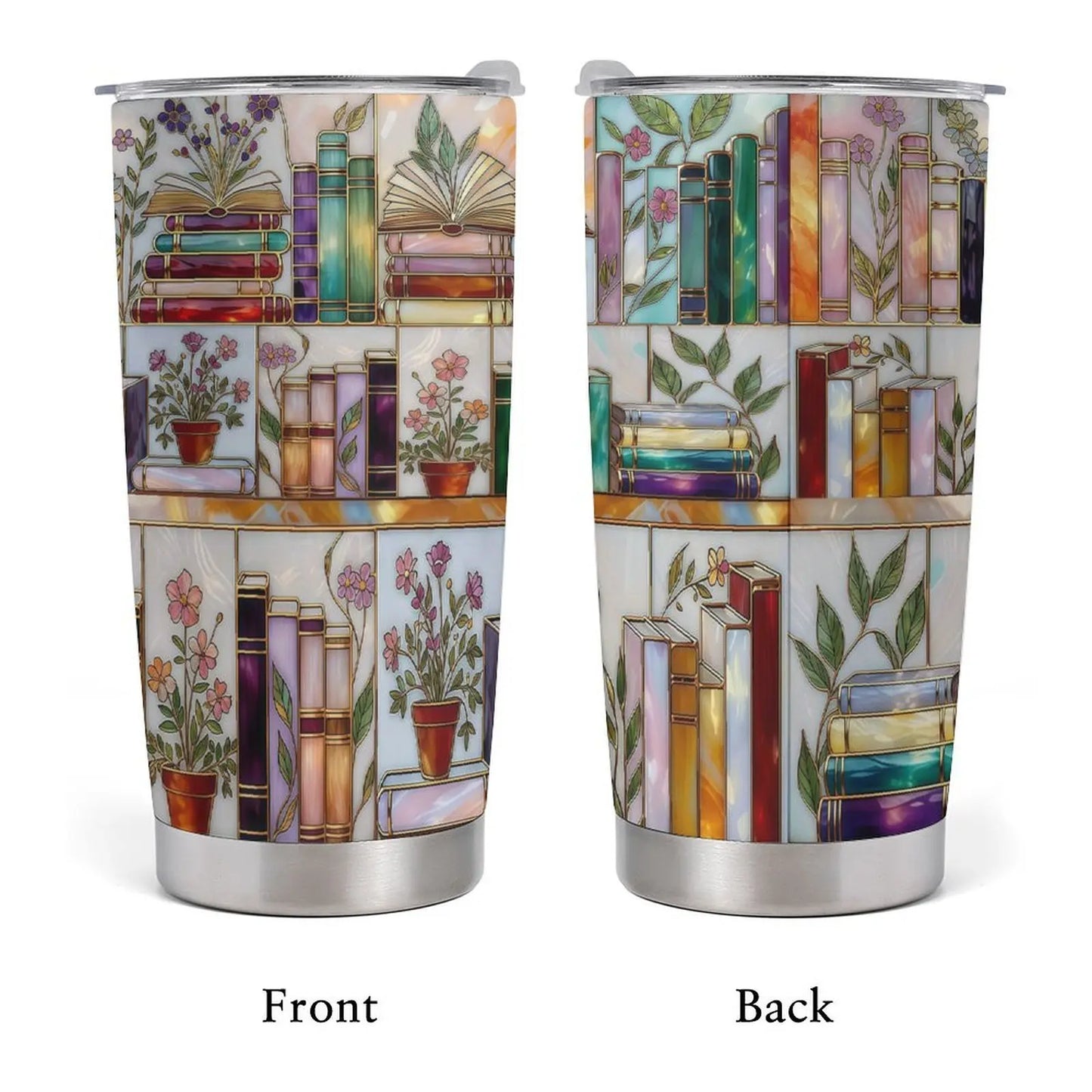 Stained-Glass Book Design 40oz Tumbler, Floral Bookshelf Tumbler, Book Lover Gift, Bookish Cup, Library Cup, Tea Cup, Coffee Mug, Gift for Friends, Kitchen Drinkware, Dealsforyou, Summerwins