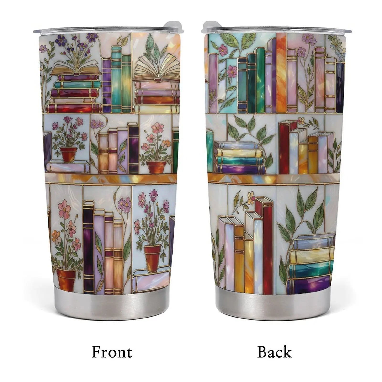 Stained-Glass Book Design 40oz Tumbler, Floral Bookshelf Tumbler, Book Lover Gift, Bookish Cup, Library Cup, Tea Cup, Coffee Mug, Gift for Friends, Kitchen Drinkware, Dealsforyou, Summerwins