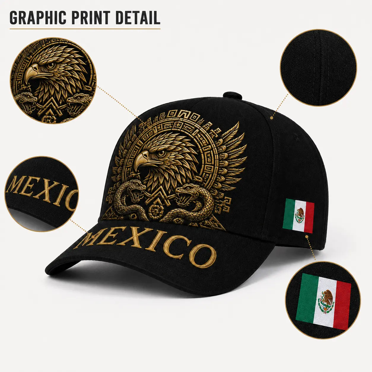 Mexico Embroidered Snapback Cap – Golden Aztec Eagle Adjustable Sports Hat