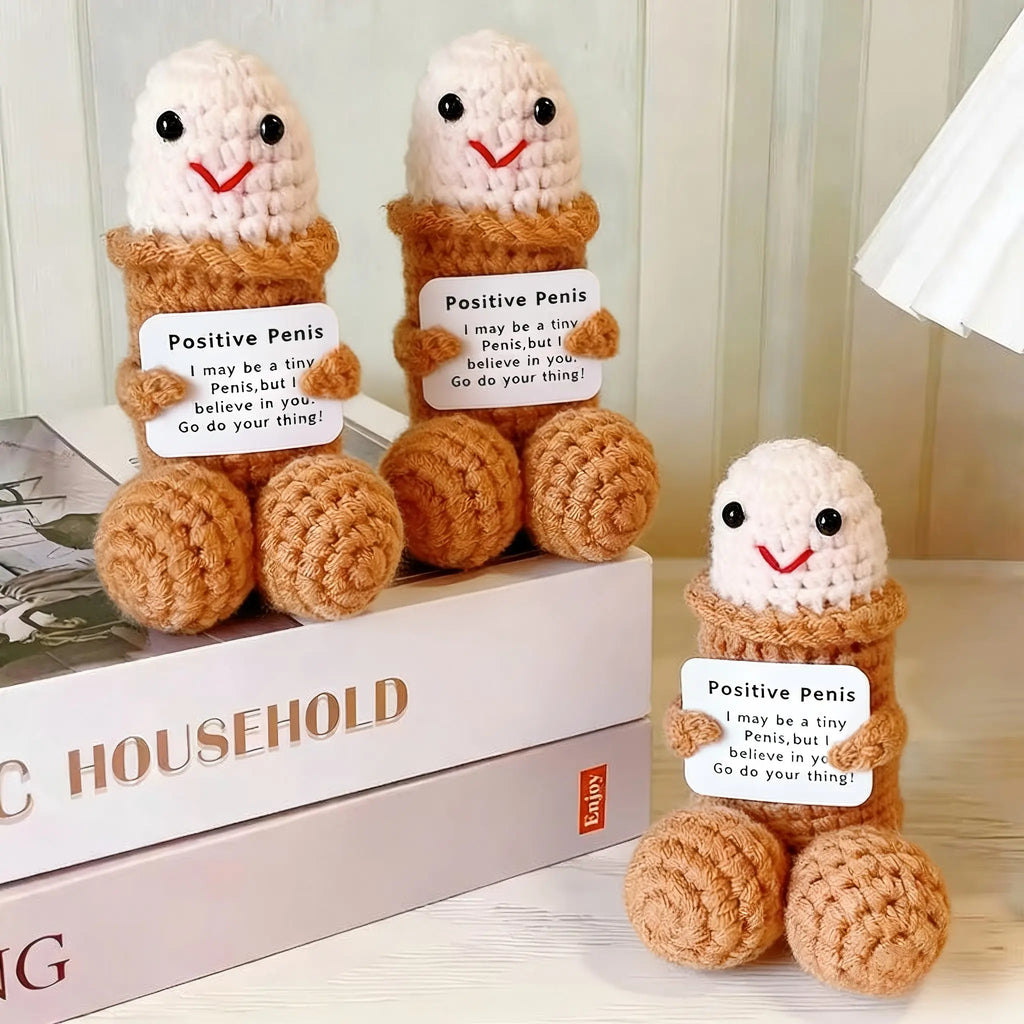 Funny Emotional Support Crochet Doll with Encouragement Card – Cute Knitted Desktop Decor & Inspirational Gift