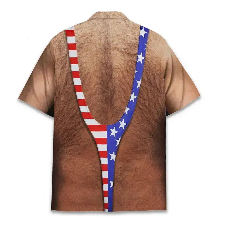 Men's Funny American Flag Hawaiian Shirt: 4th of July Chest Hair Illusion Button-Up
