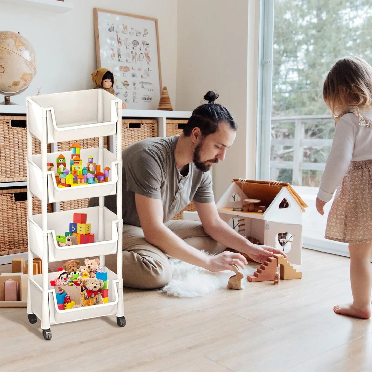 Adjustable Multi-Layer Rolling Storage Cart | Plastic Room Organizer for Kitchen & Bath (Includes Suction Sponge Holder & Glove Clip)