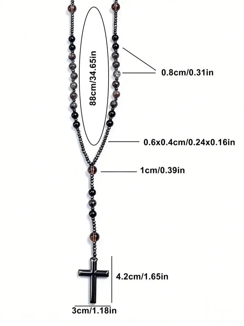 Eclat Mystique Natural Obsidian Yooperlite Rosary Necklace UV Reactive Protection Necklace Hematite Stone Cross Pendant Necklace Gift for her, gift for him