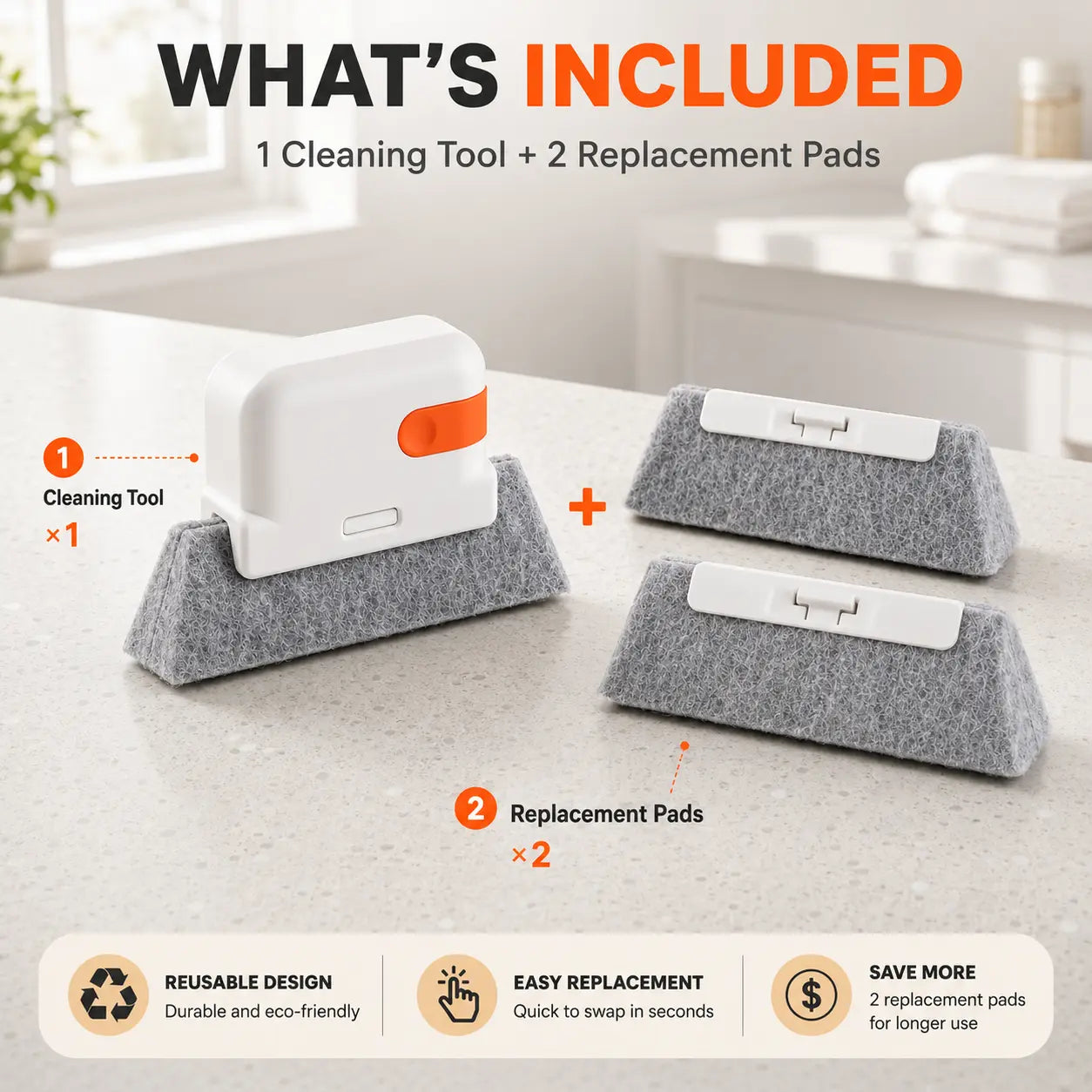 2-in-1 Window Track Cleaner Tool Kit with Built-in Scraper & 2 Replacement Pads