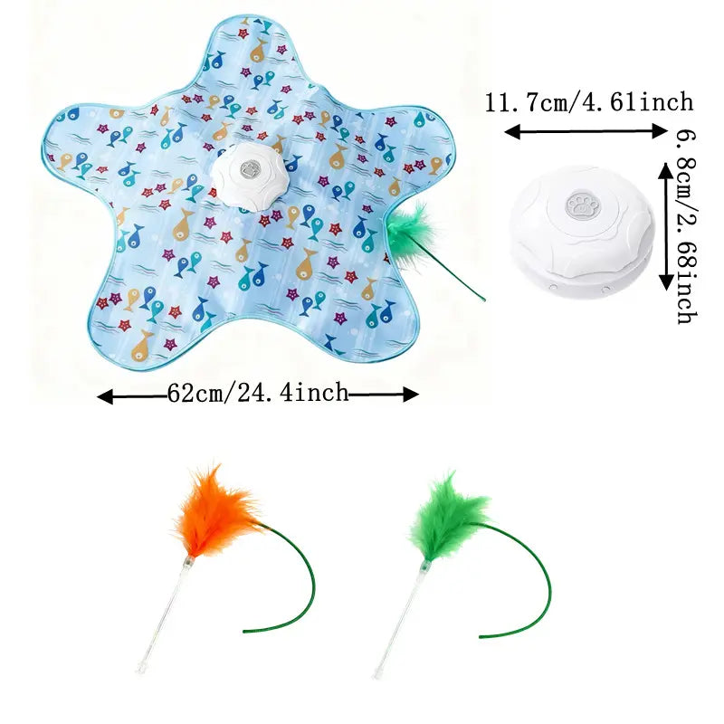 Colorful Pentagonal Cat Hunting Hood Toy with Two Feather Refills, Electric Auto-Rotating Feather Teaser Rod, Self-Entertainment Hide-and-Seek Game for Cats