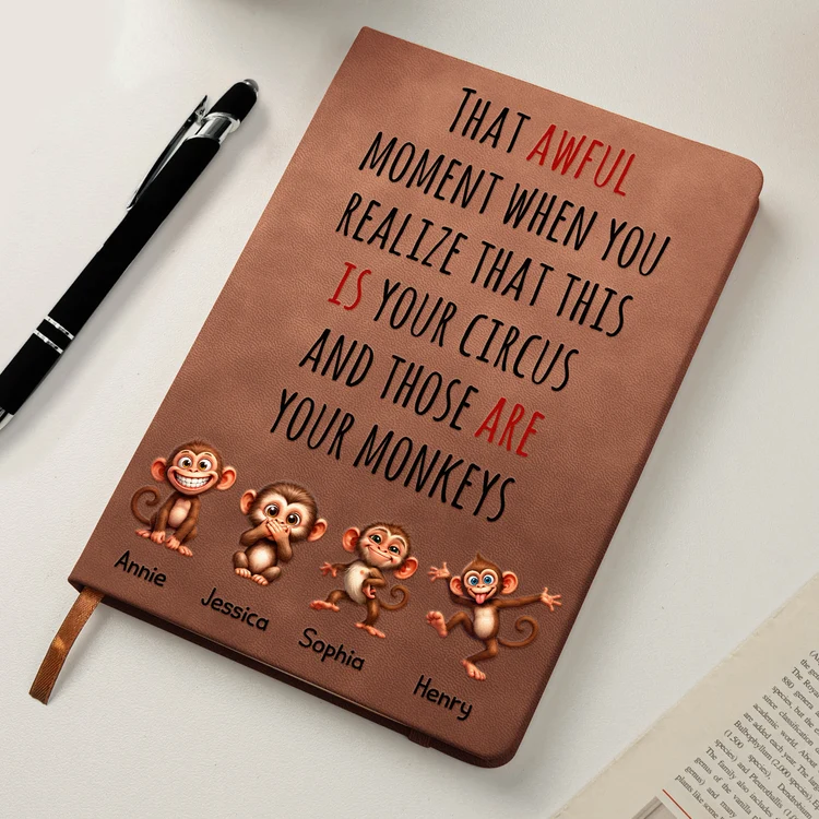 Personalized Leather Journal, Your Circus Quote and Playful Monkeys, Creative Gift for Boss or Friend - 5