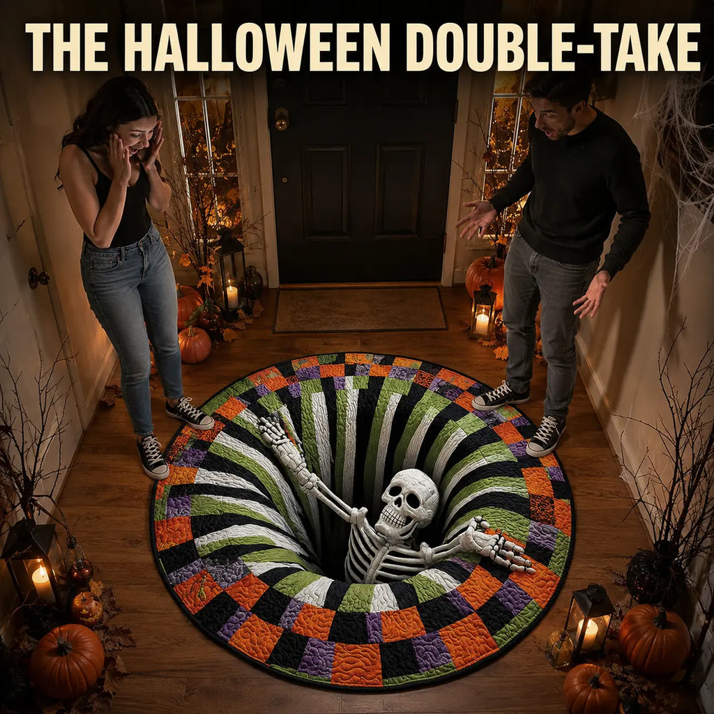 Halloween 3D Skeleton Vortex Quilted Illusion Round Rug (16") – Soft Non-Slip Spooky Living Room Carpet