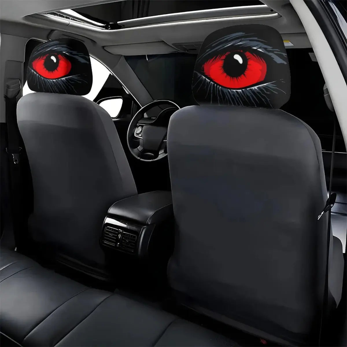 2 pcs Red Devil's Eye Car Headrest Covers - Red and black Gothic design, washable, suitable for General Motors vehicles summervibes