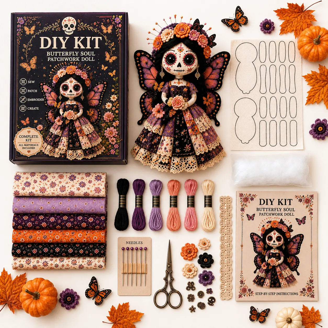 Halloween DIY Sewing Craft Kit – Complete Hand Sewing & Patchwork Art Set for Home Decor