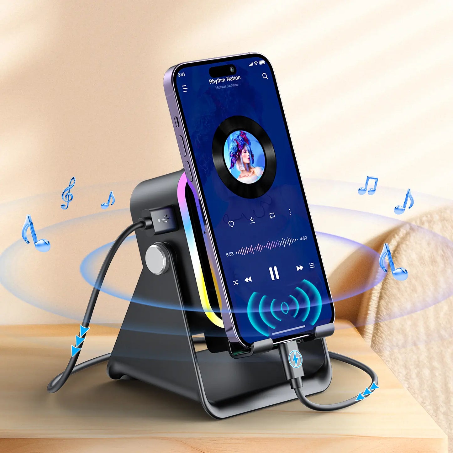 PUTARE 5-in-1 Wireless Induction Audio Speaker Stand, Cellphone Tablet Holder with 3500mAh Power Bank & Ambient Light, 360° Adjustable Desk Organizer, Father's Day Gifts