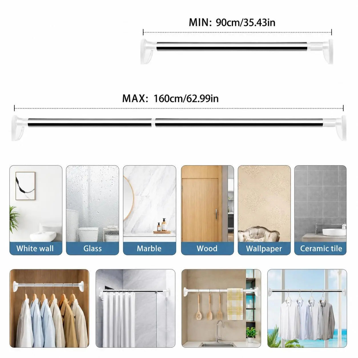 Punch-Free Adjustable Telescopic Tension Rod for Closet & Laundry Organization