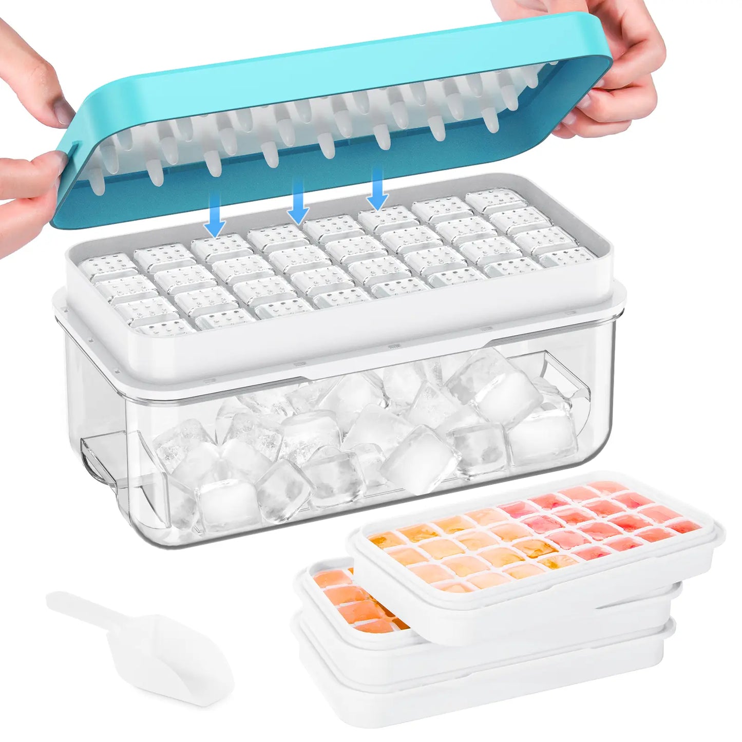 Stackable Ice Cube Tray Set with Lid, Storage Bin & Scoop - BPA-Free, Easy-Release (64/96 Capacity)