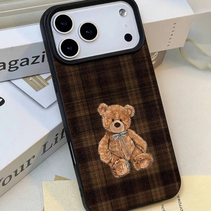 Brown Plaid Teddy Bear Leather Texture Phone Case – Cozy Vintage Shockproof Cover for iPhone 17 Pro Max