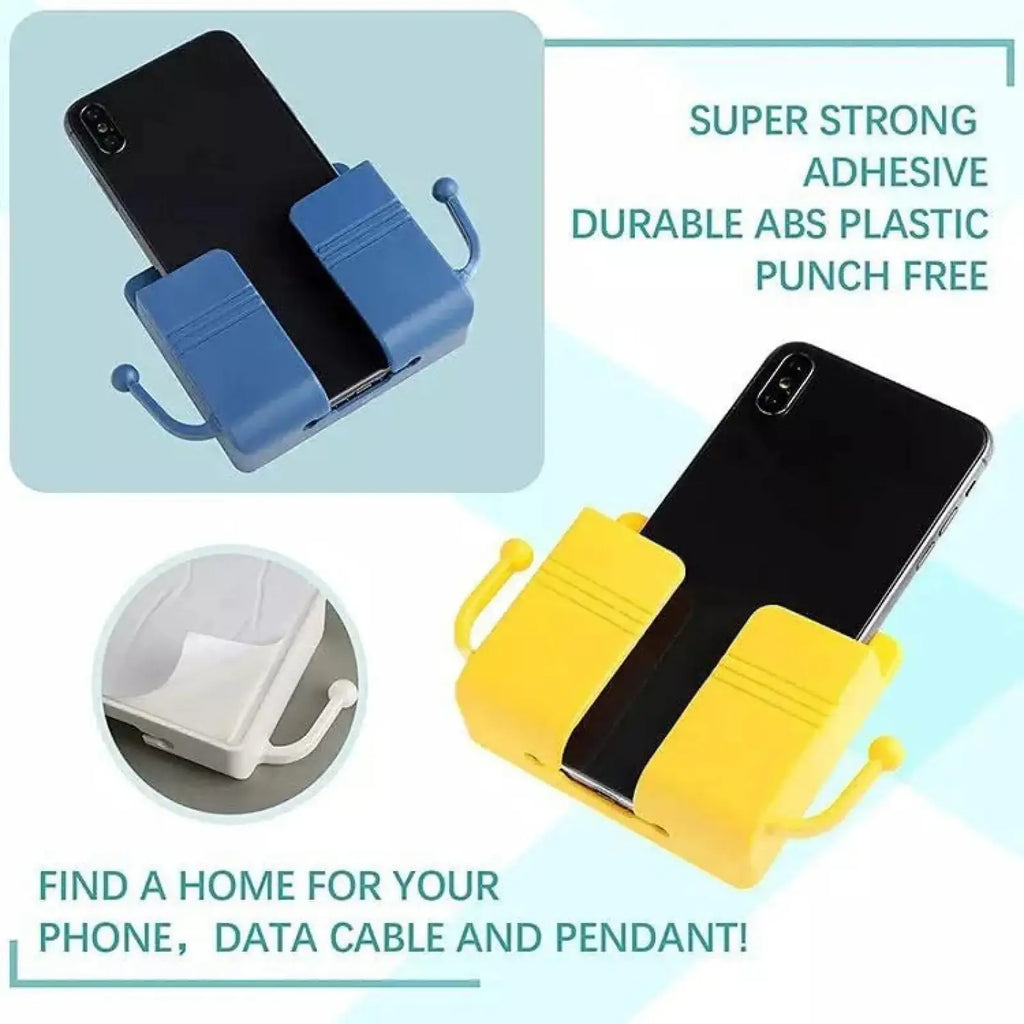 Wall-Mounted Adhesive Phone Holder with Cable Clip & Hooks for Charging & Remote Control