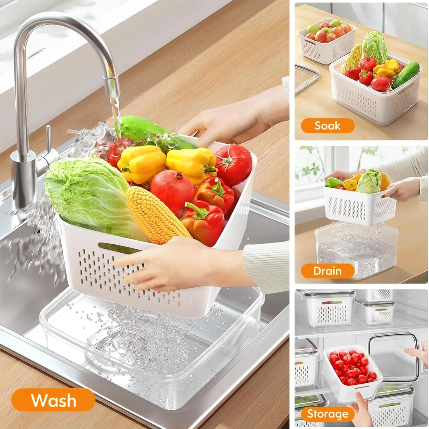 5PCS Fridge Organizer Set with Drain Basket – Stackable Produce Storage Containers for Fruits, Vegetables & Meal Prep