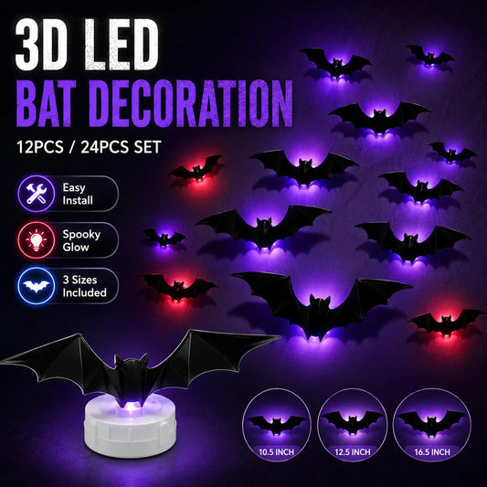 3D LED Bat Light Halloween Wall Decor – Glowing Spooky Party Ornaments (24-Piece Set)