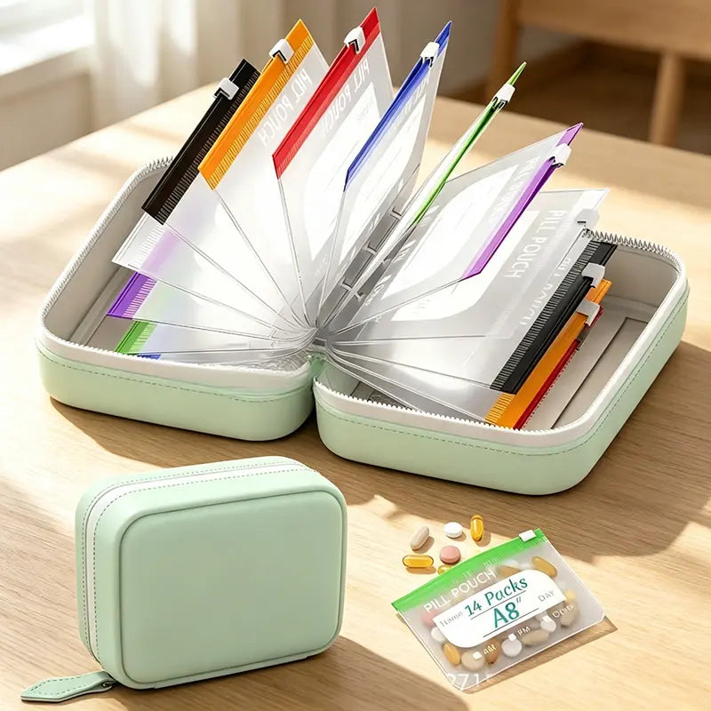 14-Piece A8 Waterproof Pill Pouch Organizer Set with Color-Coded Labels