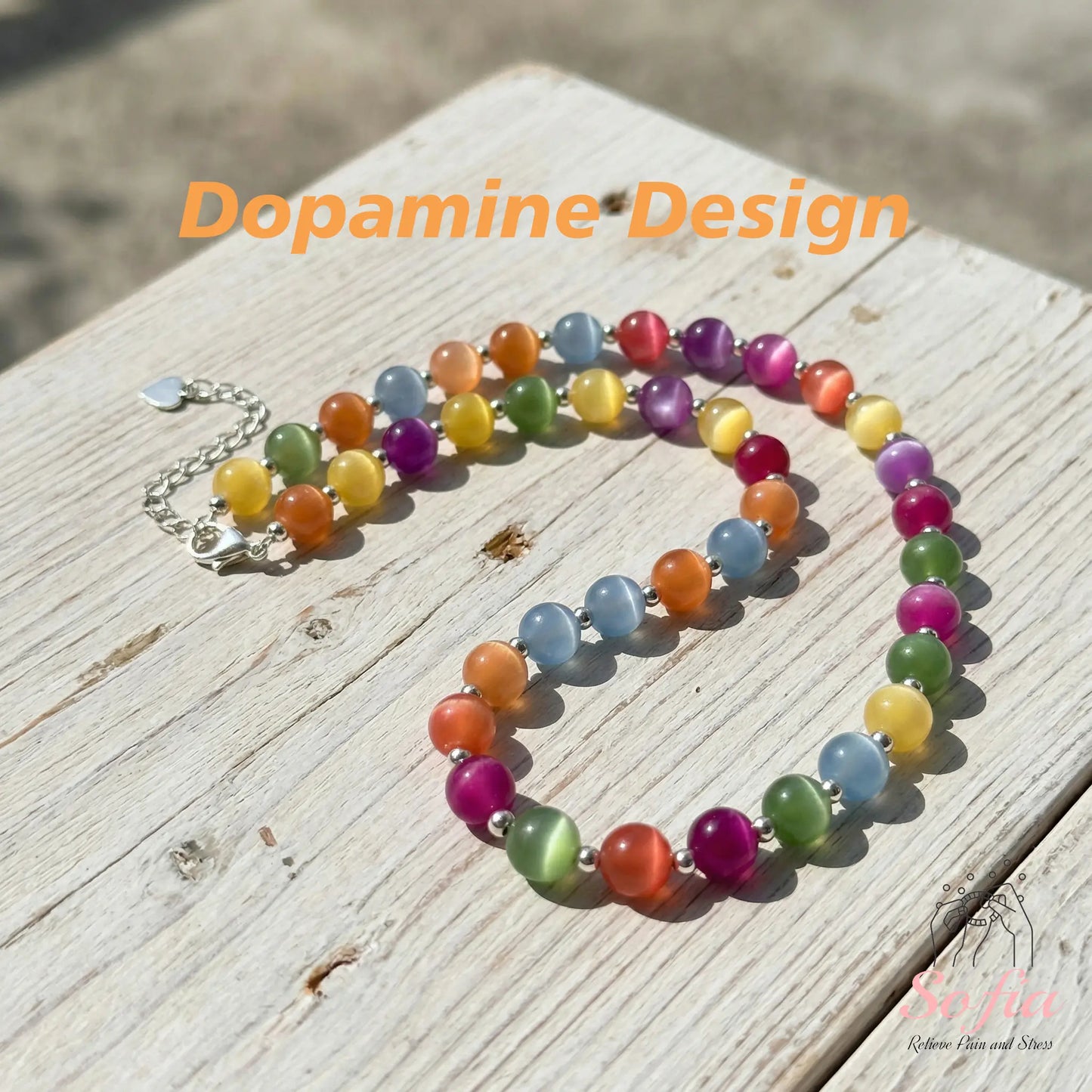 Sofia Dopamine Necklace - Rainbow Beaded Choker - UV Reactive Necklace Waterproof - Summer Jewelry Stainless Steel, Stackable