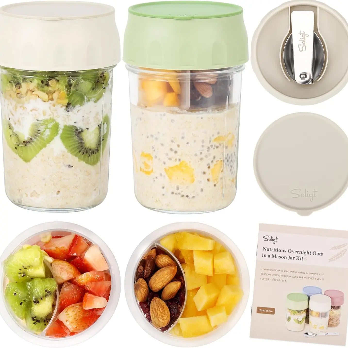16oz Overnight Oats Containers with Folding Spoon & Divided Compartments, Portable Glass Jars for Oatmeal, Yogurt, Fruit & Meal Prep