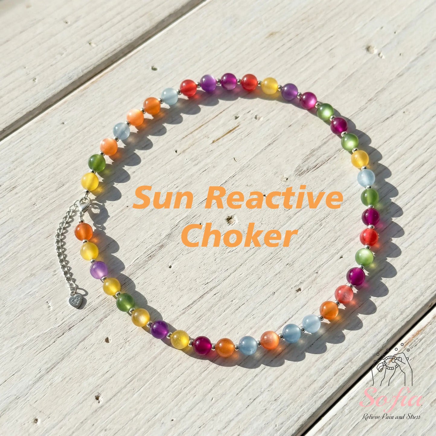 Sofia Dopamine Necklace - Rainbow Beaded Choker - UV Reactive Necklace Waterproof - Summer Jewelry Stainless Steel, Stackable