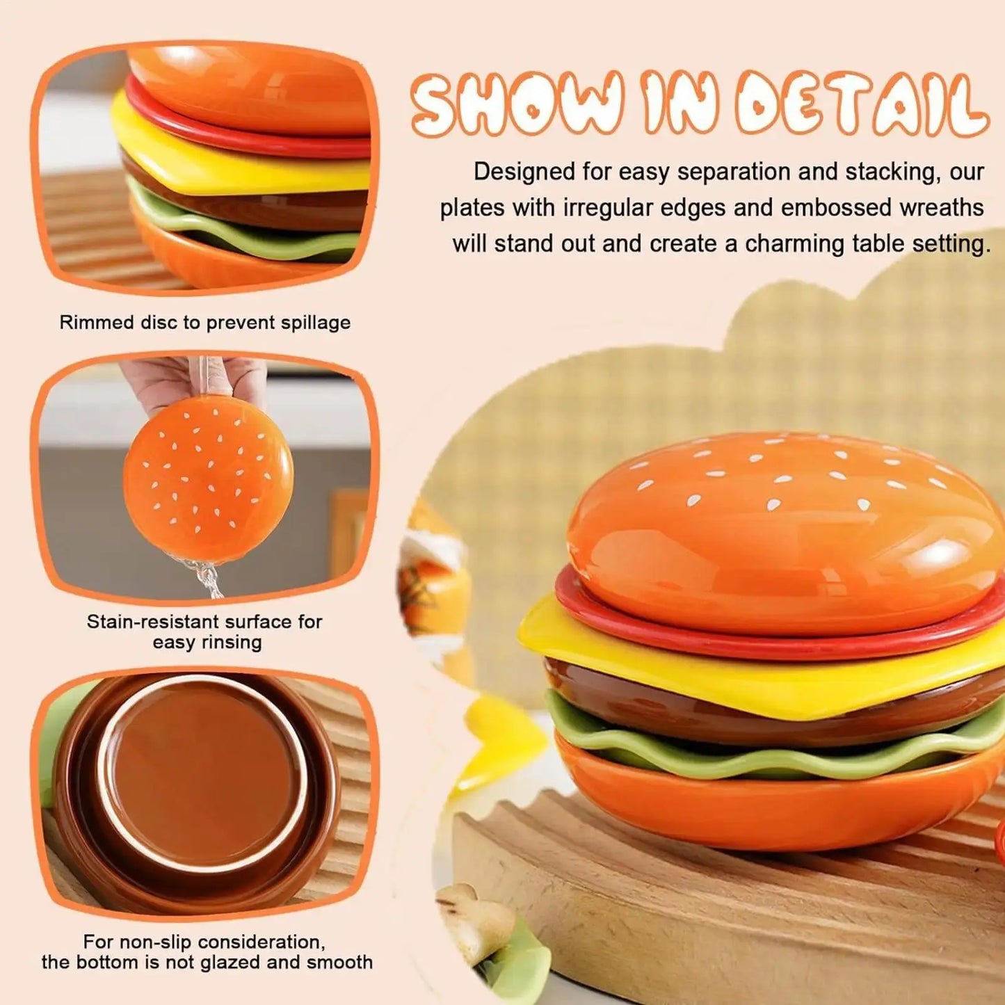 Stackable Hamburger Plate Set – 6-Piece Burger Serving Plate & Sauce Dish
