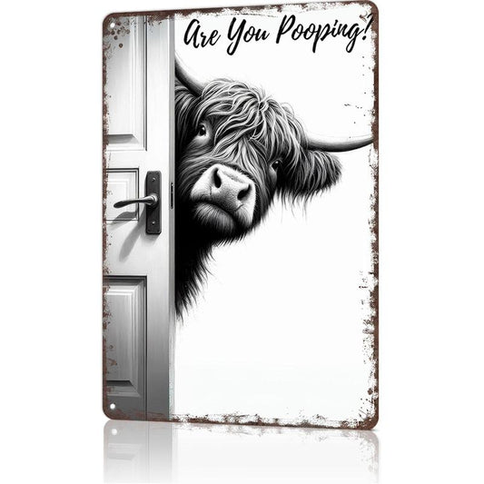Vintage Highland Cow Aluminum Sign: Funny "Are You Pooping?" Black and White Bathroom Wall Decor for Western & Highland Cow Lovers 8 x 12 Inch Decorative Plaque