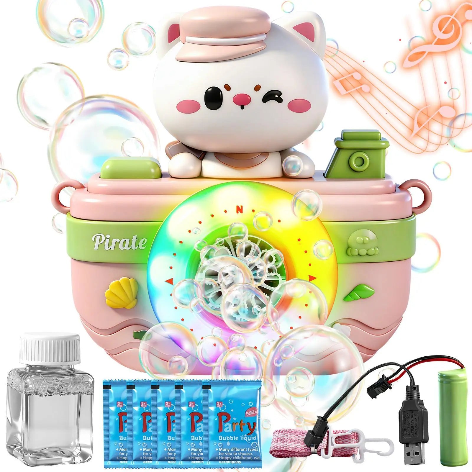 Cute Pirate Bubble Machine Toy for Kids – Automatic Bubble Blower with LED Lights & Music, High-Output Bubble Maker for Outdoor Play & Bath Fun