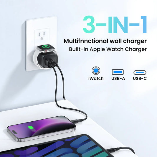 TOPADRE 3-in-1 Magnetic Wireless Cordless PD USB-C Wall Charger Block - 20W Fast Charging, Includes Cable, Compatible with iWatch Ultra/9/8/7/6, iPhone 17/17 Pro/16/16 Pro/15 Series, Electronic Cellphone
