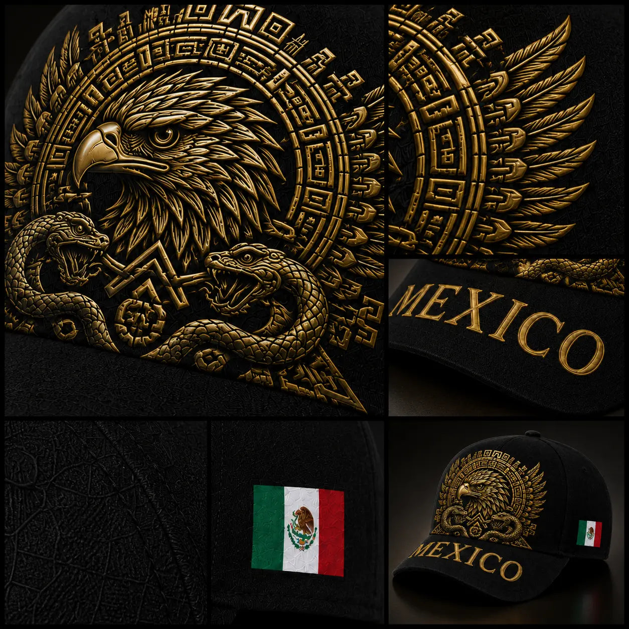 Mexico Embroidered Snapback Cap – Golden Aztec Eagle Adjustable Sports Hat