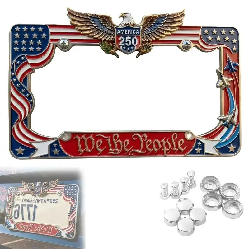 2PCS Heavy-Duty Aluminum 250th Anniversary American Flag License Plate Frame - Front License Plate Cover, We The People Car Tag Holder, Patriotic Auto Decor Car Accessories For Men, July 4th Truck Gear