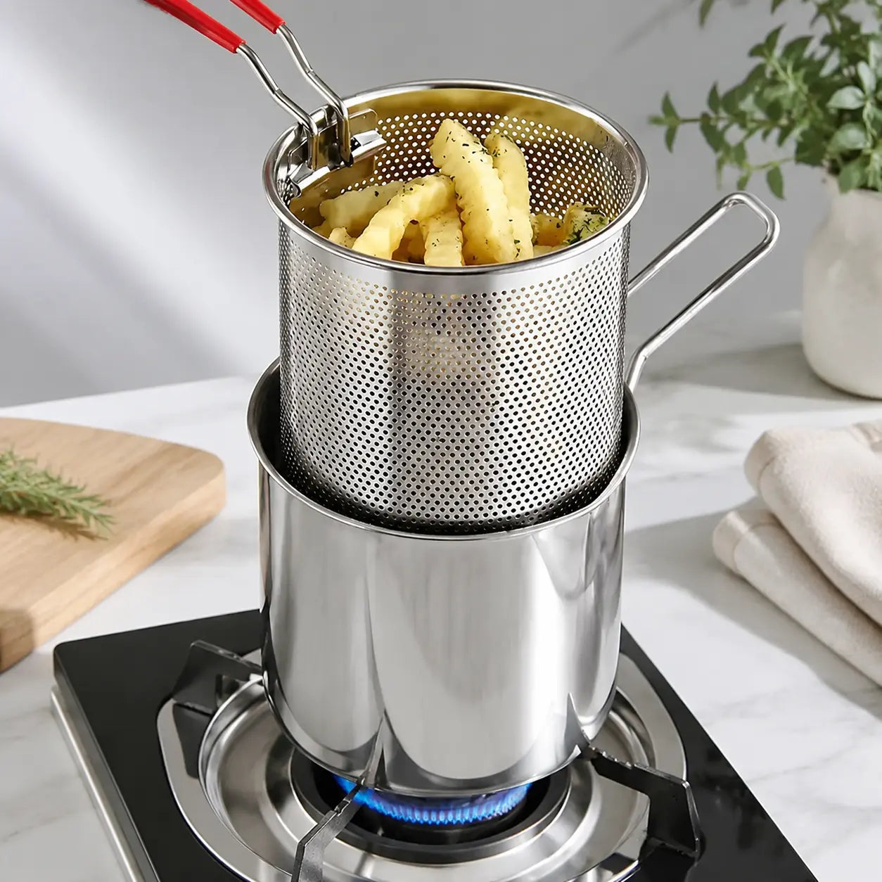 Set de mini freidora de acero inoxidable de 3 piezas – Olla portátil con cesta coladora y pinzas para alimentos
