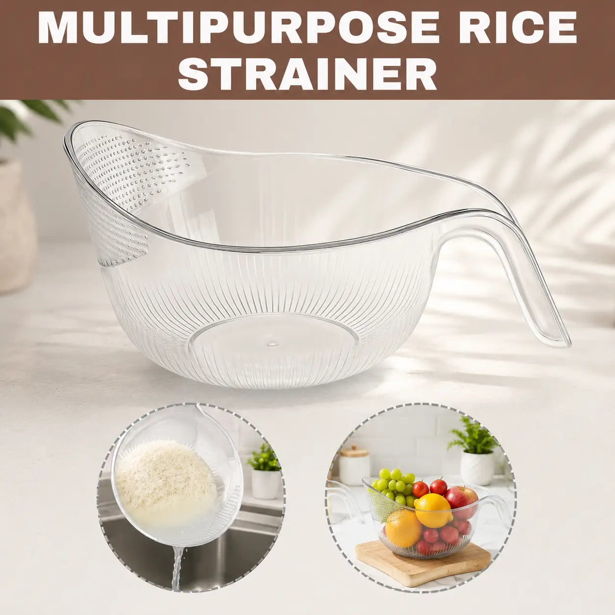 Aesthetic Multifunctional Rice Strainer with Handle – Sturdy BPA-Free Plastic Fruit Vegetable Colander