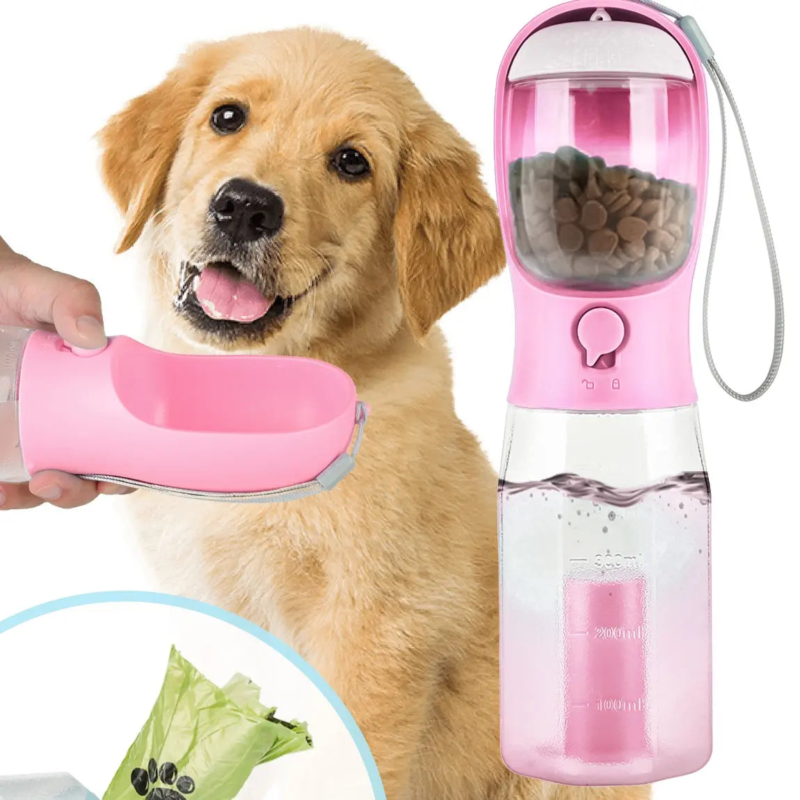3in1 Pet Water Bottle - Portable 20oz Leak Proof Container with Poop Bag Dispenser, Ideal for Travel, Hiking, and Outdoor Use