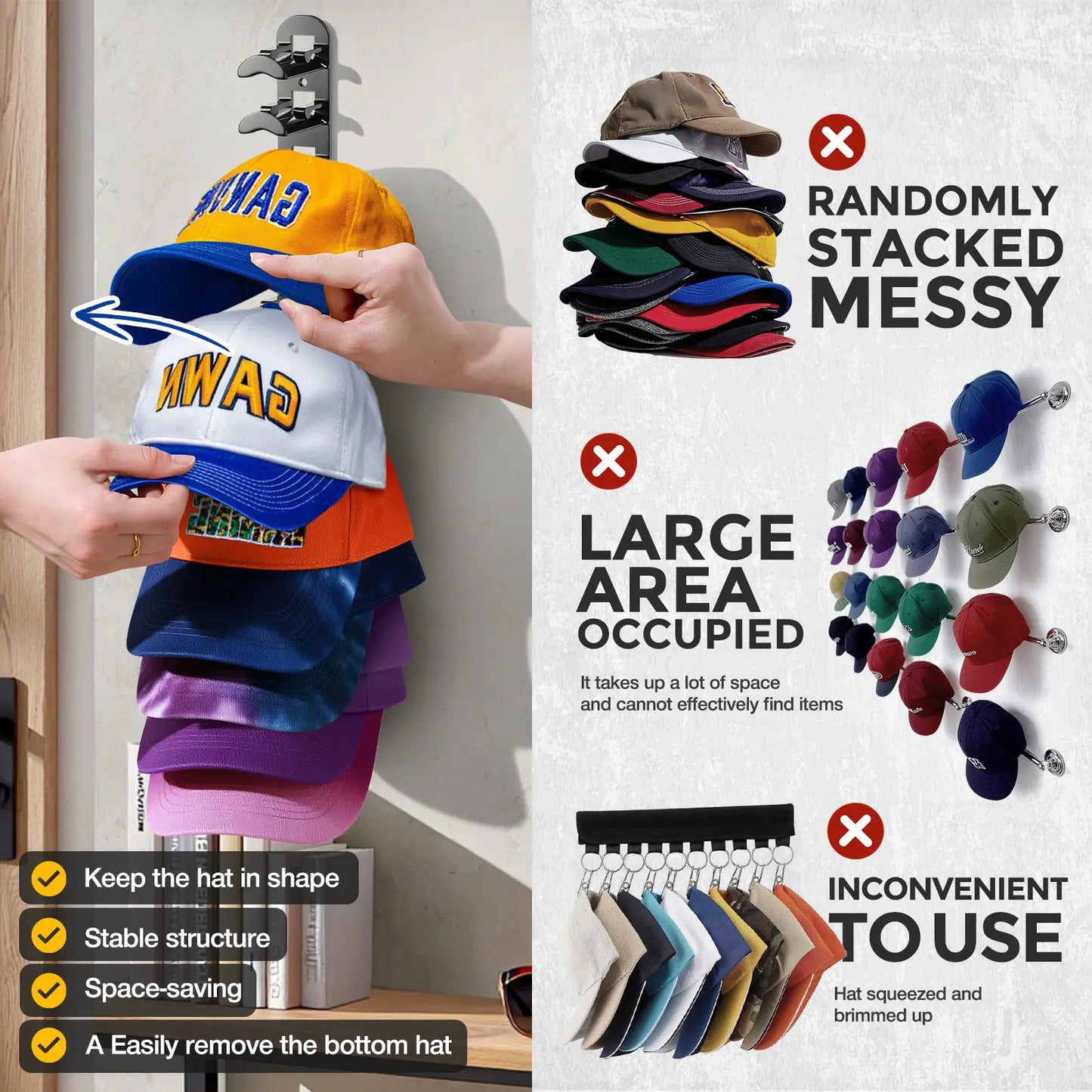 Hat Hook for Wall 2 Pack Hat Organizer Holds Up to 20 Hats with Strong Adhesive and 8 Screws Cap Holder for Closet Door and Bedroom B-Black - Decor Key Hook Wall Mounted Shelf