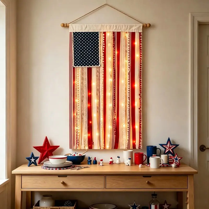 Lighted American Rag Flag Banner With LED Fairy Lights, 4x2.3 Ft Rustic Patriotic Tassel Garland For 4th Of July Decoration, Aesthetic Americana Wall Hanging For Porch Yard Party, Independence Day Celebration Home Decor 250th Anniversary