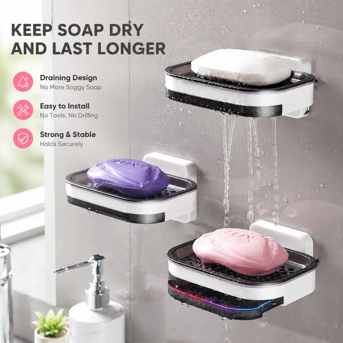 Sohochic Wall Mounted Double-Layer Self-Draining Soap Dish Holder – No-Drill Shower Storage