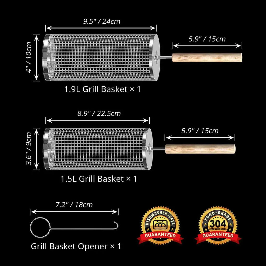 2PCS 304 Stainless Steel Rolling Grill Baskets with Wooden Handles – Nesting Portable BBQ Utensils for Vegetables & Shrimp
